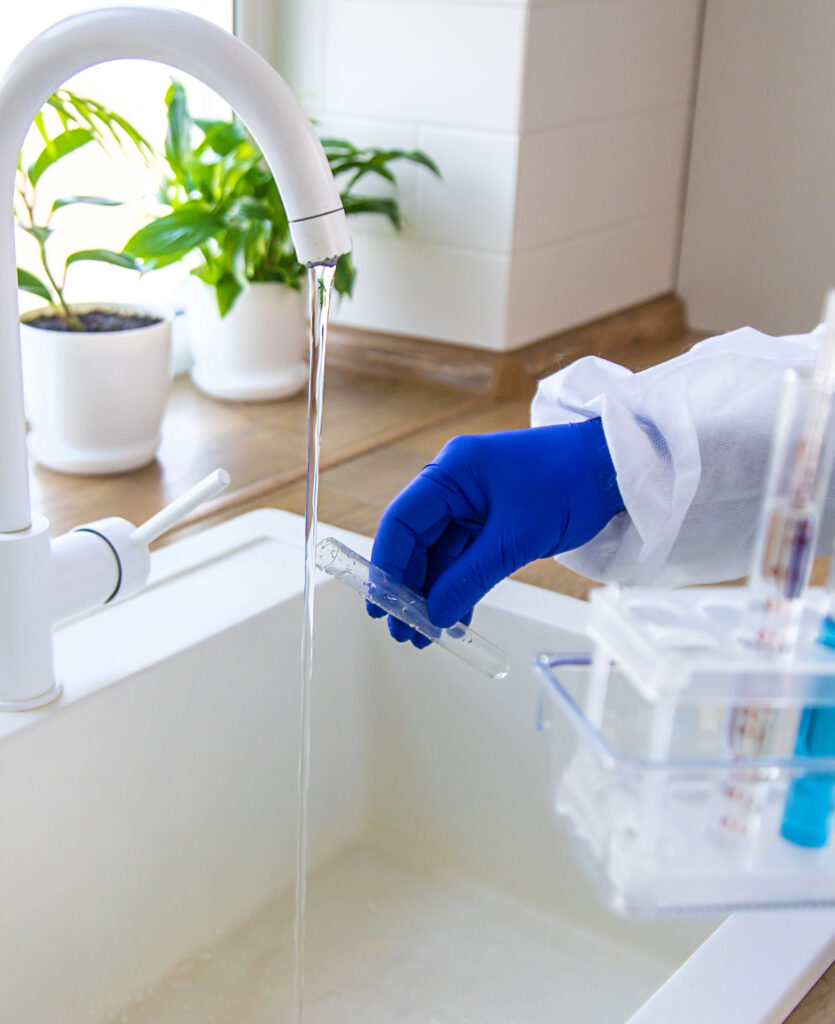 professional collecting a water sample from the kitchen sink 
