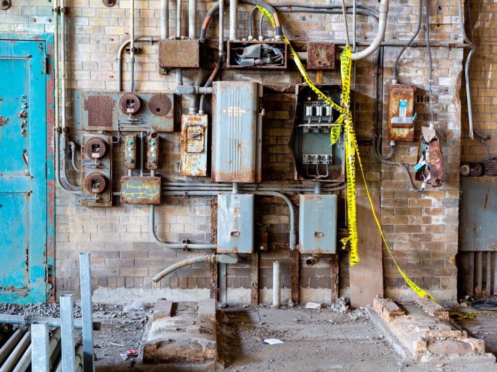 An eye-level shot shows a rough brick wall covered in electrical components, conduit, and metal junction boxes in disrepair, highlighting a home inspection red flag for potential Virginia buyers. 
